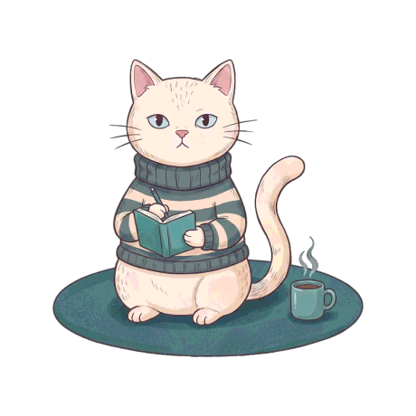A single illustrated cat sitting alone on a round teal rug, writing in a small teal notebook with a steaming mug beside it.