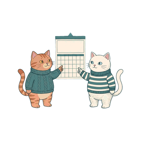 Two illustrated cats standing either side of a wall calendar, both pointing at it.