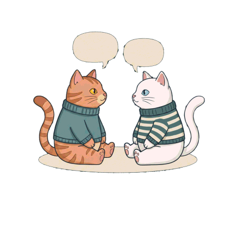 Two illustrated cats sitting facing each other with empty cream speech bubbles above them.