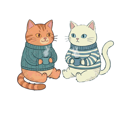 Two illustrated cats in knitted sweaters sitting side by side, holding steaming mugs.