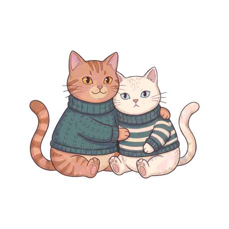 Two illustrated cats sitting close together, one with an arm around the other, facing forward.