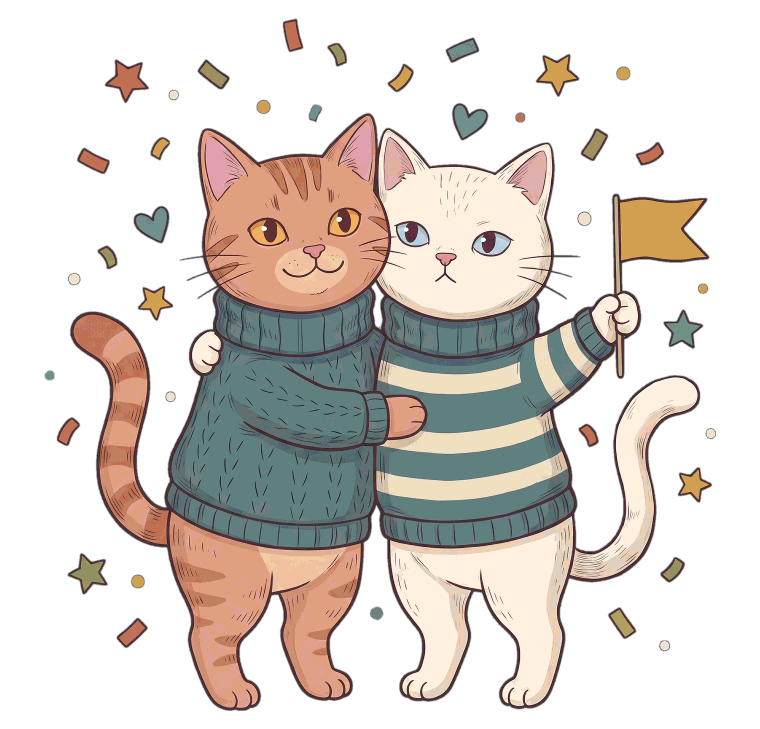 Two illustrated cats hugging while confetti, little stars and two small hearts fall around them.