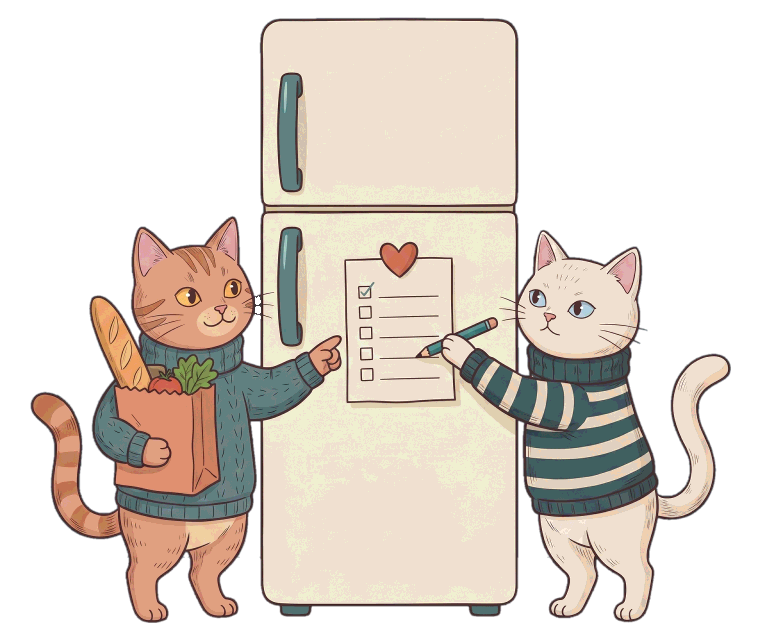 Two illustrated cats at a fridge door, both reaching toward a shared checklist held on by a heart magnet.