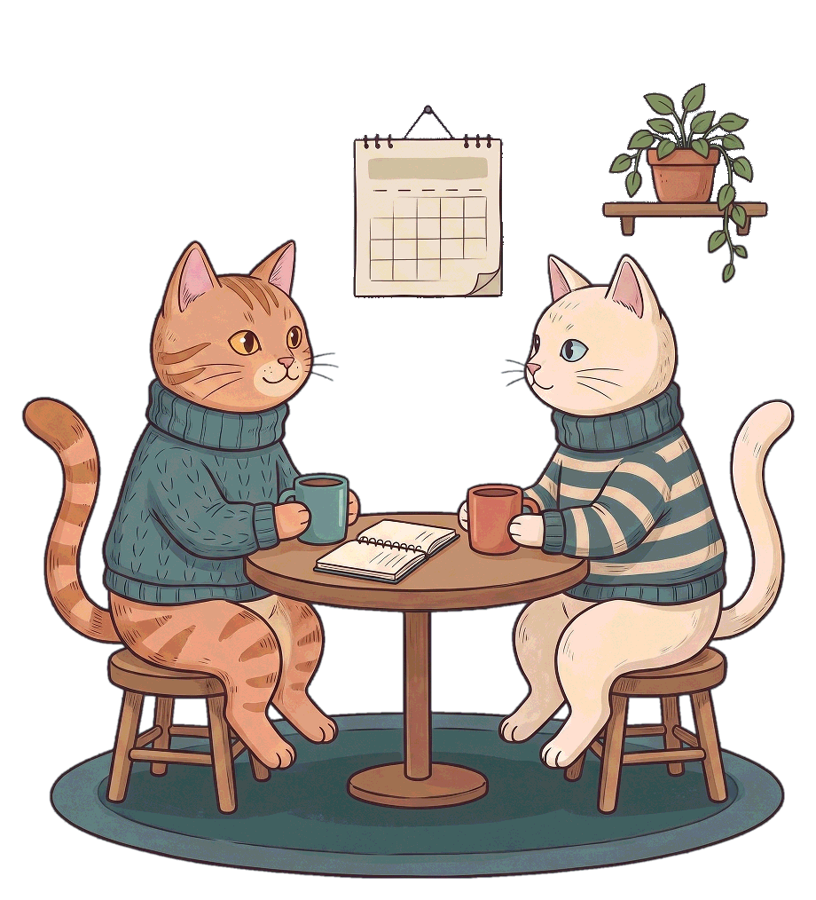 Two illustrated cats in knitted sweaters sitting on stools at a small round table, sharing an open notebook, with two mugs, a wall calendar and a potted plant behind them.