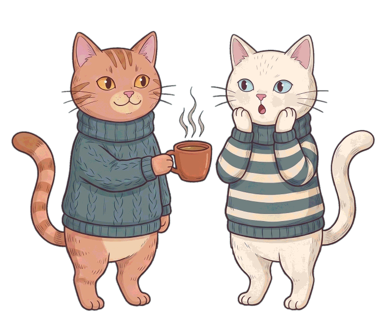 One illustrated cat handing another a steaming mug, the second cat's paws lifted in surprise.