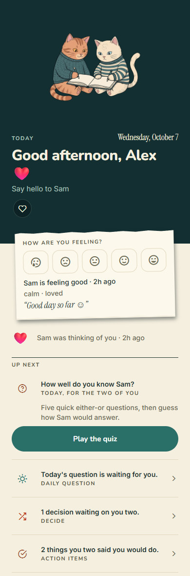 The Wamo Connect screen. A deep teal header with two illustrated cats and a serif date, a torn paper mood card with a handwritten line, and a ruled list of what is waiting.