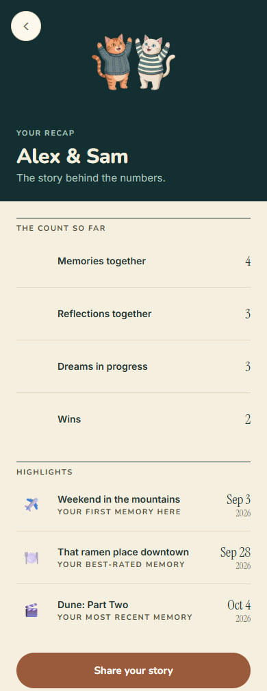 The Wamo recap screen. Four ruled rows count the memories, reflections, dreams and wins so far, above a short list of highlights.