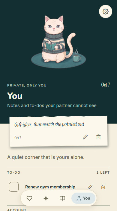 The Wamo You screen. Under a header with one illustrated cat, a private note on a torn paper sheet in a handwriting face sits above a private to-do list.